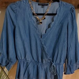 Denim long sleeve crossover blouse